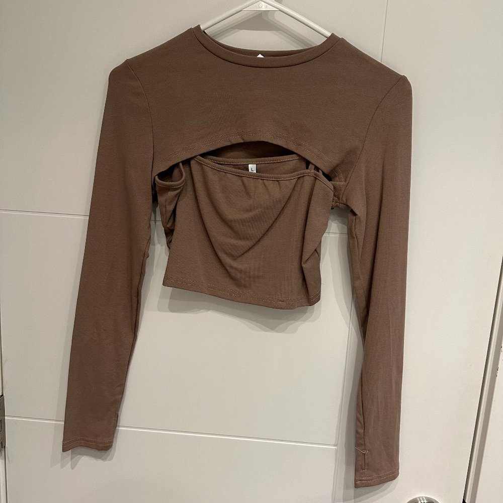 Taupe Two Piece Long Sleeve Cropped Cut Out Set Top